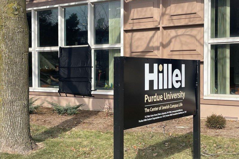 The front window of Purdue Hillel was covered after it was broken. Todd McKechnie | Photos Editor