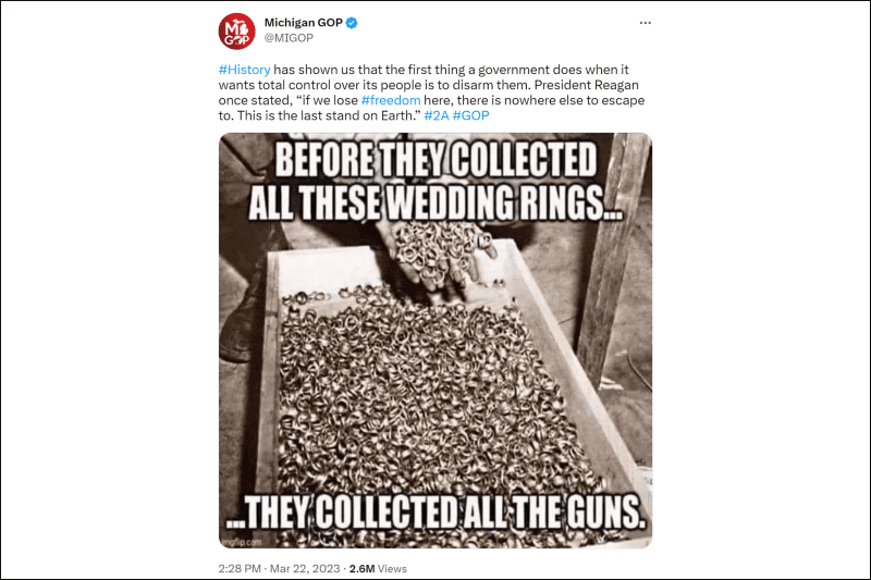 A tweet sent by the Michigan Republican Party comparing gun-control measures to the Holocaust, March 22, 2023. (Screenshot)